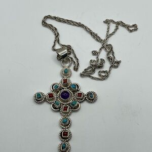 Mexican Sterling Cross Pendant Necklace with colored Stones and Amethyst center